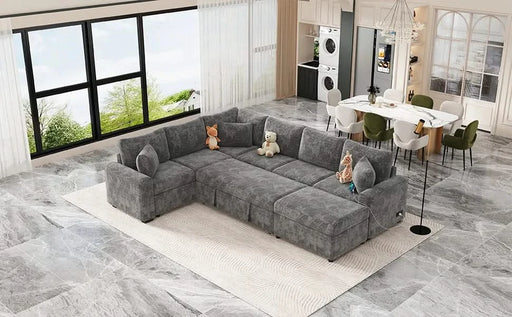Modern Sectional Sofa Pull-out Sleeper with Storage Ottoman, USB Charging, Grey Tweed Chenille, 112.2' Default -DTYStore