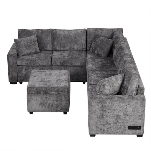 Modern Sectional Sofa Pull-out Sleeper with Storage Ottoman, USB Charging, Grey Tweed Chenille, 112.2' Default -DTYStore