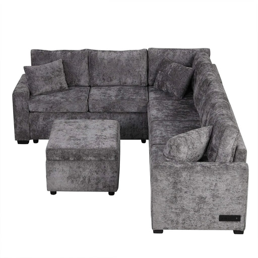 Modern Sectional Sofa Pull-out Sleeper with Storage Ottoman, USB Charging, Grey Tweed Chenille, 112.2' Default -DTYStore