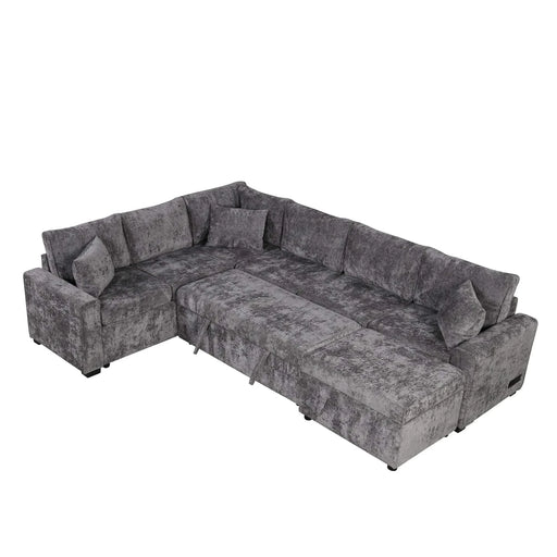Modern Sectional Sofa Pull-out Sleeper with Storage Ottoman, USB Charging, Grey Tweed Chenille, 112.2' Default -DTYStore