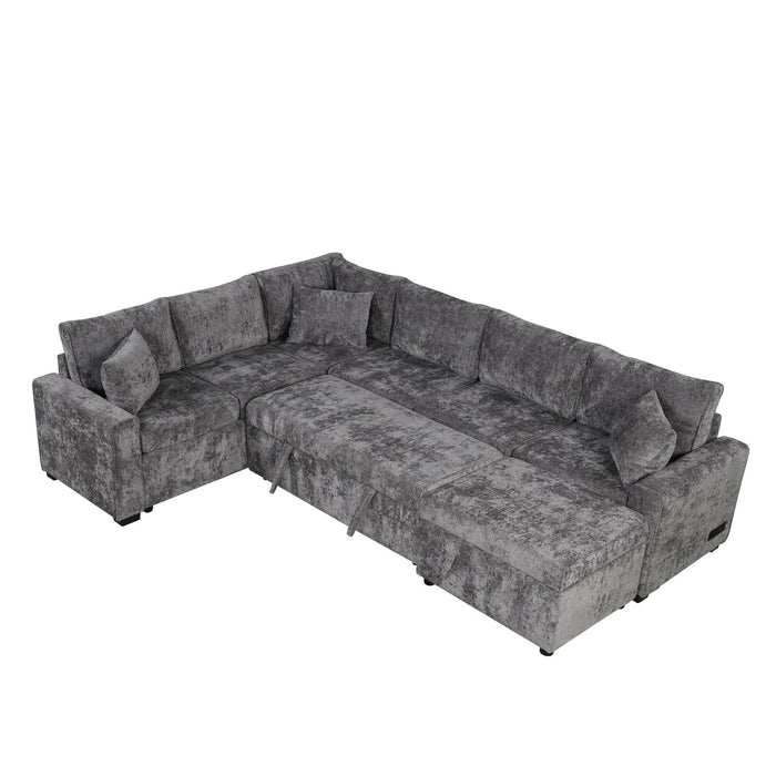 Modern Sectional Sofa Pull-out Sleeper with Storage Ottoman, USB Charging, Grey Tweed Chenille, 112.2' Default -DTYStore