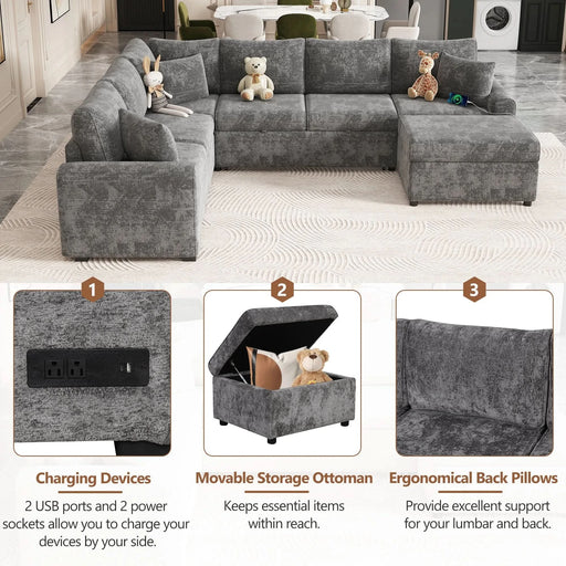 Modern Sectional Sofa Pull-out Sleeper with Storage Ottoman, USB Charging, Grey Tweed Chenille, 112.2' Default -DTYStore
