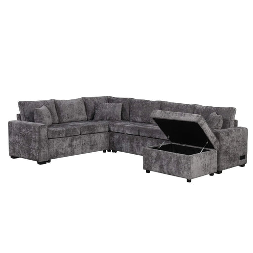 Modern Sectional Sofa Pull-out Sleeper with Storage Ottoman, USB Charging, Grey Tweed Chenille, 112.2' Default -DTYStore