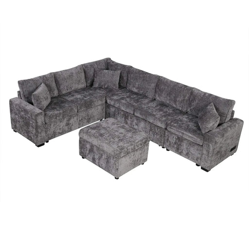 Modern Sectional Sofa Pull-out Sleeper with Storage Ottoman, USB Charging, Grey Tweed Chenille, 112.2' Default -DTYStore
