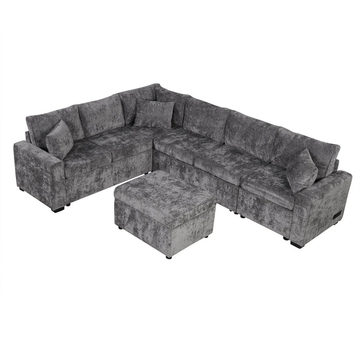 Modern Sectional Sofa Pull-out Sleeper with Storage Ottoman, USB Charging, Grey Tweed Chenille, 112.2' Default -DTYStore