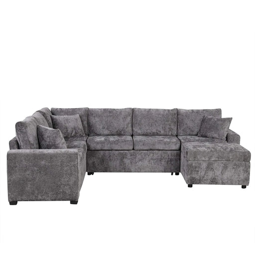 Modern Sectional Sofa Pull-out Sleeper with Storage Ottoman, USB Charging, Grey Tweed Chenille, 112.2' Default -DTYStore