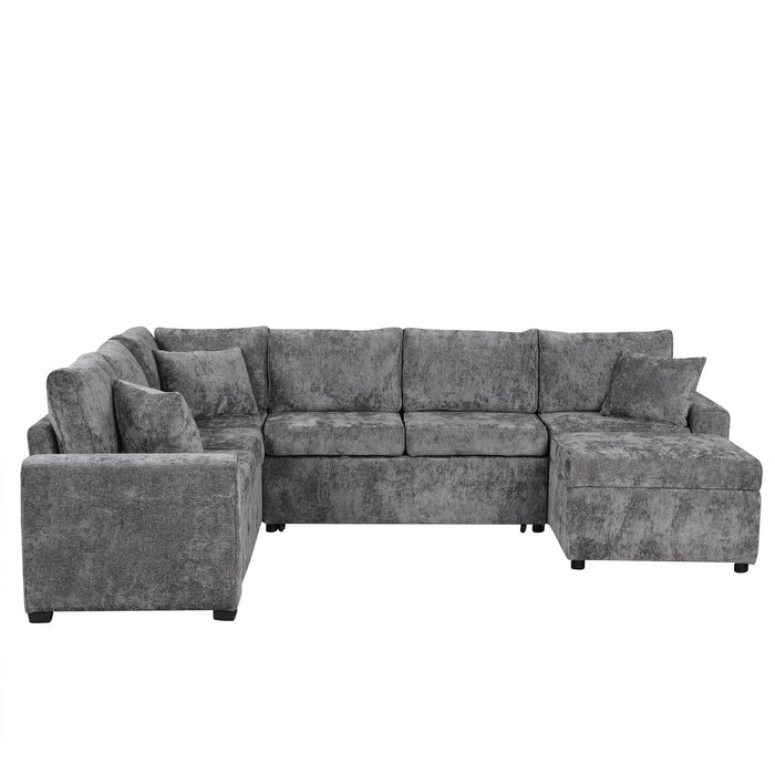 Modern Sectional Sofa Pull-out Sleeper with Storage Ottoman, USB Charging, Grey Tweed Chenille, 112.2' Default -DTYStore