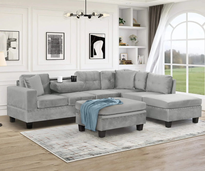 Modern Sectional Sofa with Storage Ottoman, L-Shape Couch with 2 Pillows and Cup Holders, Gray Velvet, 105 inch Default -DTYStore