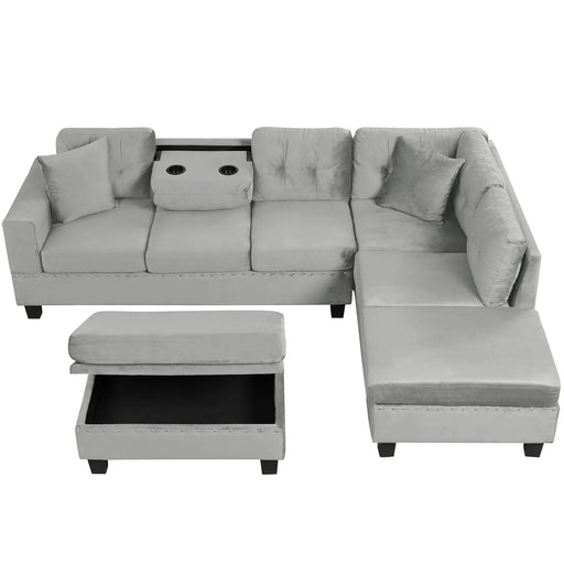 Modern Sectional Sofa with Storage Ottoman, L-Shape Couch with 2 Pillows and Cup Holders, Gray Velvet, 105 inch Default -DTYStore