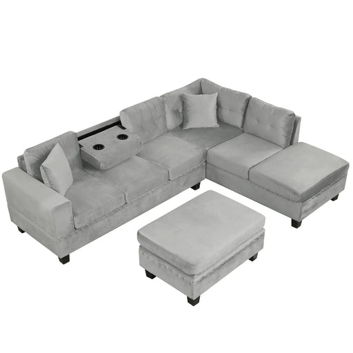 Modern Sectional Sofa with Storage Ottoman, L-Shape Couch with 2 Pillows and Cup Holders, Gray Velvet, 105 inch Default -DTYStore
