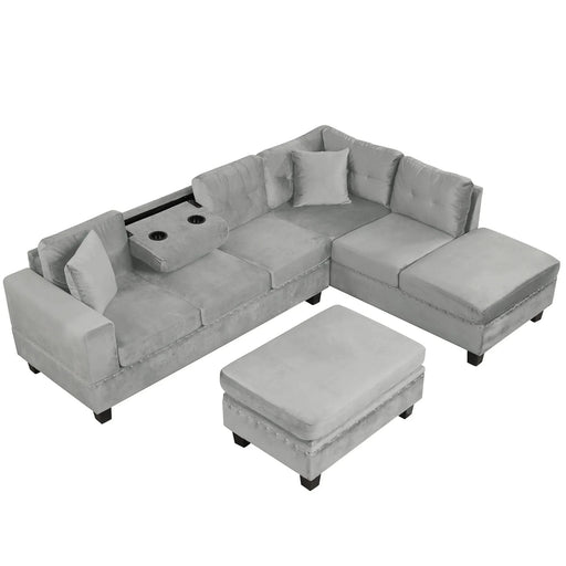 Modern Sectional Sofa with Storage Ottoman, L-Shape Couch with 2 Pillows and Cup Holders, Gray Velvet, 105 inch Default -DTYStore