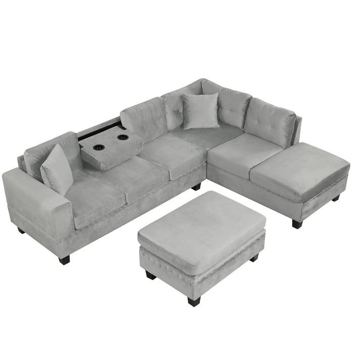 Modern Sectional Sofa with Storage Ottoman, L-Shape Couch with 2 Pillows and Cup Holders, Gray Velvet, 105 inch Default -DTYStore