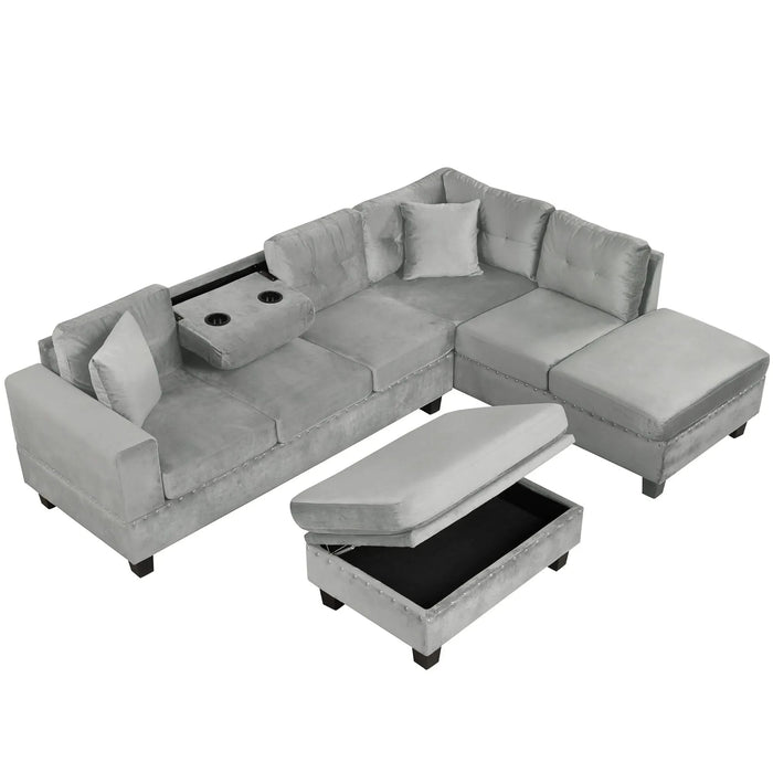 Modern Sectional Sofa with Storage Ottoman, L-Shape Couch with 2 Pillows and Cup Holders, Gray Velvet, 105 inch Default -DTYStore