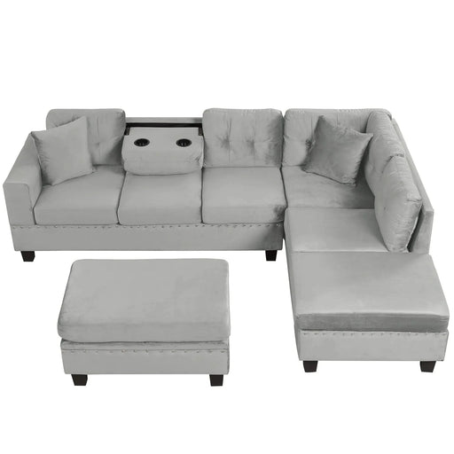 Modern Sectional Sofa with Storage Ottoman, L-Shape Couch with 2 Pillows and Cup Holders, Gray Velvet, 105 inch Default -DTYStore