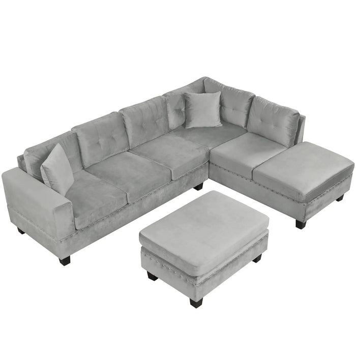Modern Sectional Sofa with Storage Ottoman, L-Shape Couch with 2 Pillows and Cup Holders, Gray Velvet, 105 inch Default -DTYStore