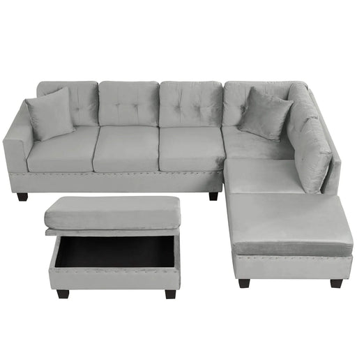 Modern Sectional Sofa with Storage Ottoman, L-Shape Couch with 2 Pillows and Cup Holders, Gray Velvet, 105 inch Default -DTYStore