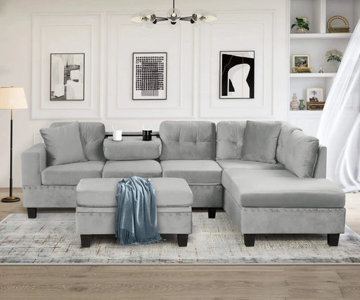 Modern Sectional Sofa with Storage Ottoman, L-Shape Couch with 2 Pillows and Cup Holders, Gray Velvet, 105 inch Default -DTYStore
