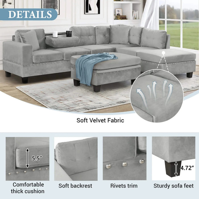 Modern Sectional Sofa with Storage Ottoman, L-Shape Couch with 2 Pillows and Cup Holders, Gray Velvet, 105 inch Default -DTYStore