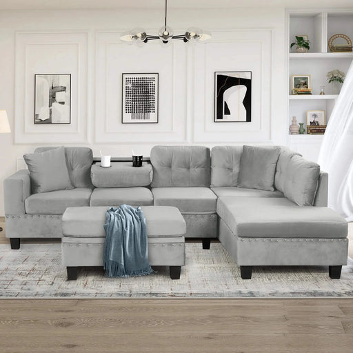 Modern Sectional Sofa with Storage Ottoman, L-Shape Couch with 2 Pillows and Cup Holders, Gray Velvet, 105 inch Default -DTYStore