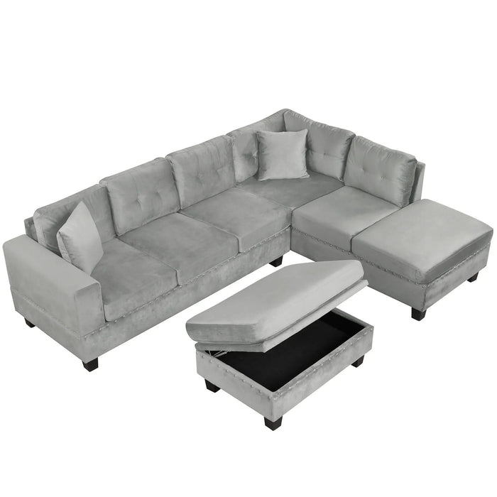 Modern Sectional Sofa with Storage Ottoman, L-Shape Couch with 2 Pillows and Cup Holders, Gray Velvet, 105 inch Default -DTYStore