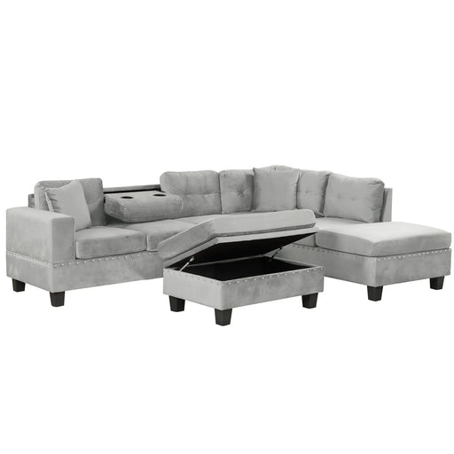 Modern Sectional Sofa with Storage Ottoman, L-Shape Couch with 2 Pillows and Cup Holders, Gray Velvet, 105 inch Default -DTYStore