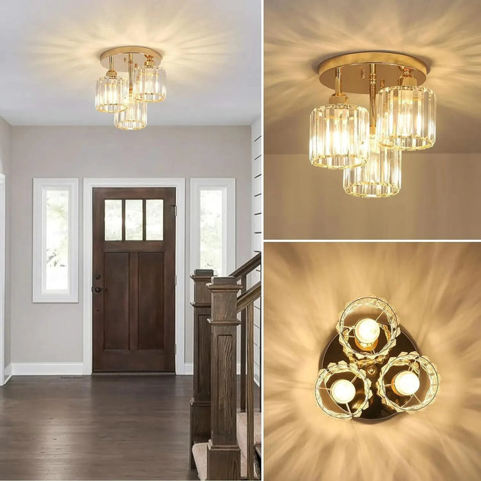 Modern Semi Flush Mount Ceiling Light,3-Light Crystal Close to Ceiling Light Fixtures,Golden Kitchen Light Fixtures with Clear Crystal Shade,Hallway Light Fixtures for Hallway Bedroom Bathroom Default -DTYStore