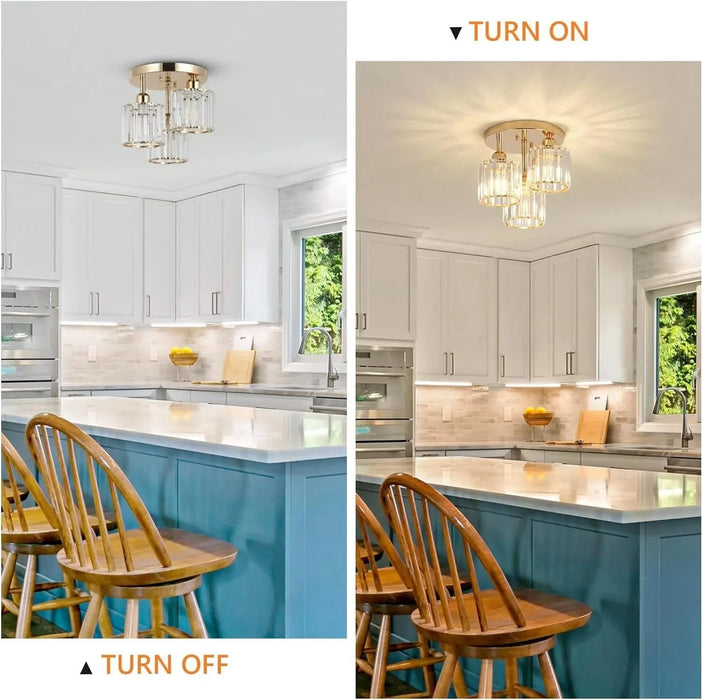 Modern Semi Flush Mount Ceiling Light,3-Light Crystal Close to Ceiling Light Fixtures,Golden Kitchen Light Fixtures with Clear Crystal Shade,Hallway Light Fixtures for Hallway Bedroom Bathroom Default -DTYStore