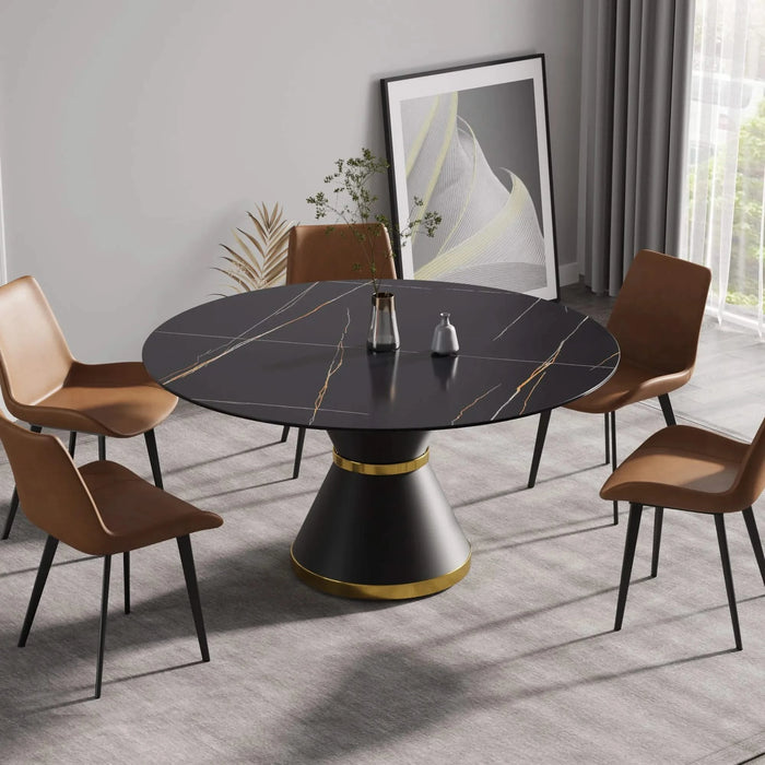 Modern Sintered Stone Round Dining Table with Black Carbon Steel Base for Six Default -DTYStore