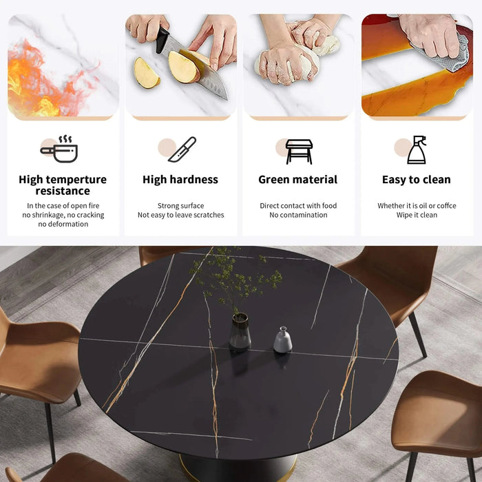 Modern Sintered Stone Round Dining Table with Black Carbon Steel Base for Six Default -DTYStore