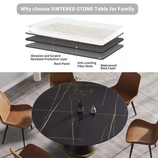Modern Sintered Stone Round Dining Table with Black Carbon Steel Base for Six Default -DTYStore