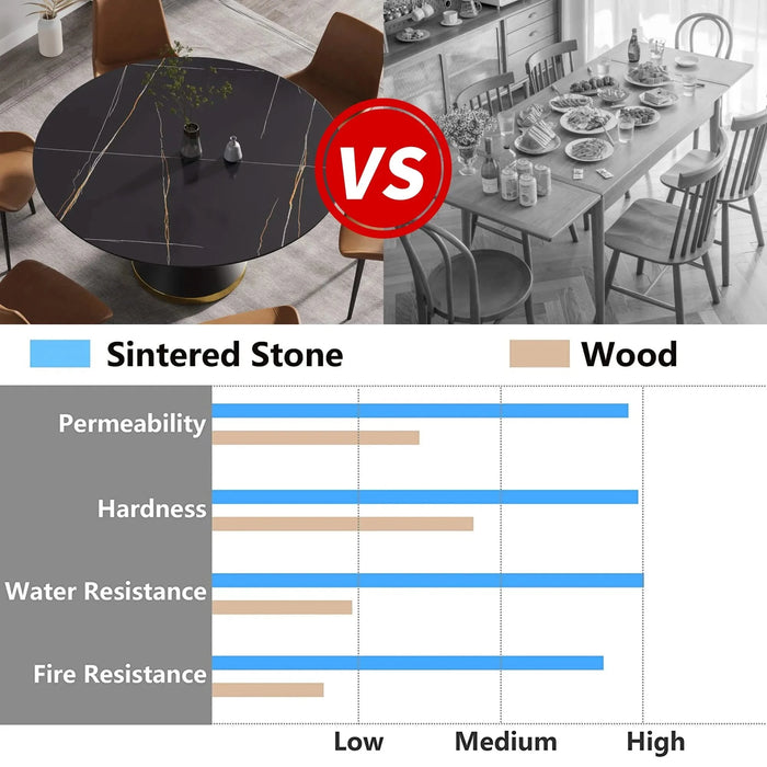 Modern Sintered Stone Round Dining Table with Black Carbon Steel Base for Six Default -DTYStore