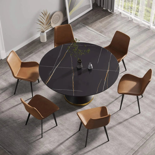 Modern Sintered Stone Round Dining Table with Black Carbon Steel Base for Six Default -DTYStore