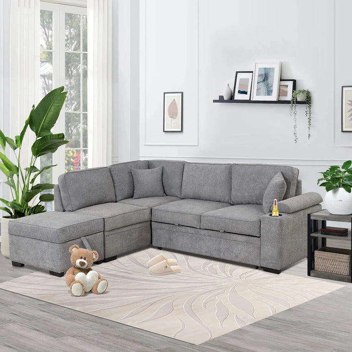 Modern Sleeper Sofa Bed with Storage Ottoman, Gray Linen, 84.75' L Shape Couch for Living Room or Apartment Default -DTYStore