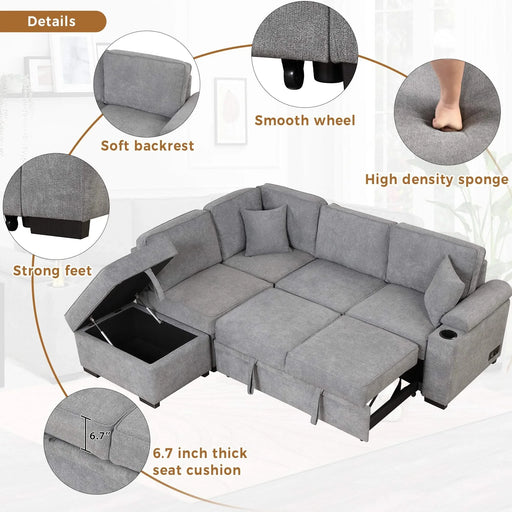 Modern Sleeper Sofa Bed with Storage Ottoman, Gray Linen, 84.75' L Shape Couch for Living Room or Apartment Default -DTYStore
