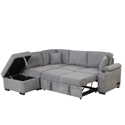 Modern Sleeper Sofa Bed with Storage Ottoman, Gray Linen, 84.75' L Shape Couch for Living Room or Apartment Default -DTYStore