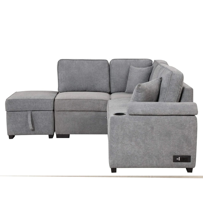 Modern Sleeper Sofa Bed with Storage Ottoman, Gray Linen, 84.75' L Shape Couch for Living Room or Apartment Default -DTYStore