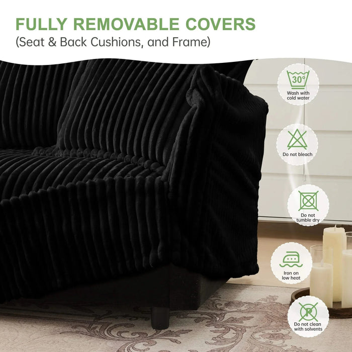 Modern Slipcovered 2-Seat Sofa Couches for Living Room, 2 Seater Sofa, Corduroy Deep Seat Sofa Black -DTYStore