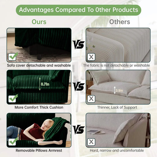 Modern Slipcovered 2-Seat Sofa Couches for Living Room, 2 Seater Sofa, Corduroy Deep Seat Sofa Green -DTYStore