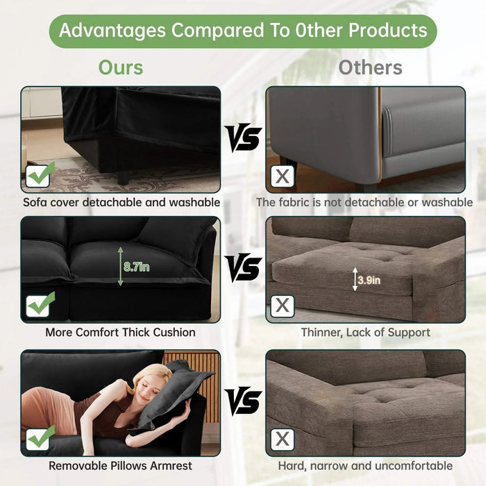 Modern Slipcovered Sofa Couch for Living Room, Chenille Deep Seat with Detachable Cover Black -DTYStore