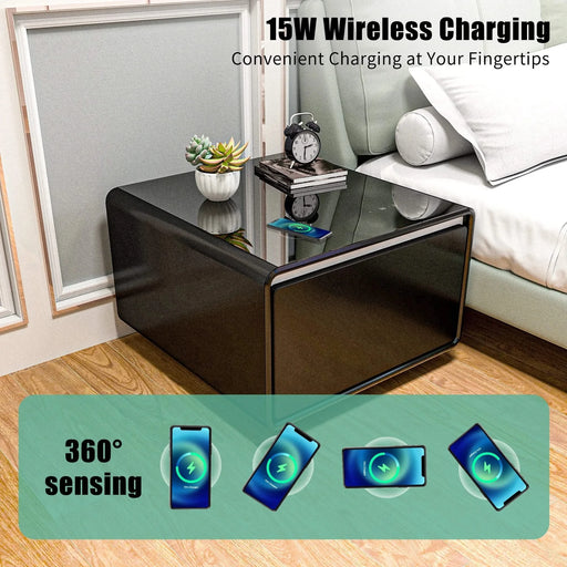 Modern Smart Side Table with Built-in Fridge, Wireless Charging, Temperature Control, Power Socket, USB Ports, Outlet Protection, Induction Light, Black Default -DTYStore