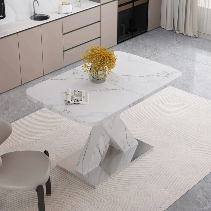 Modern Square Dining Table, Stretchable, with Printed White Marble Table Top+MDF X-Shape Table Leg with Metal Base (Same SKU:W757S00007) Default -DTYStore