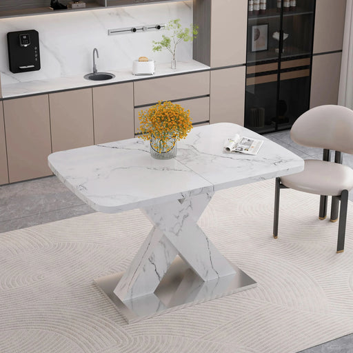 Modern Square Dining Table, Stretchable, with Printed White Marble Table Top+MDF X-Shape Table Leg with Metal Base (Same SKU:W757S00007) Default -DTYStore