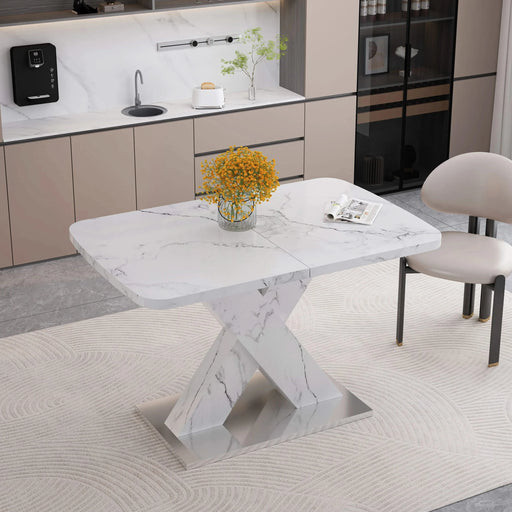 Modern Square Dining Table, Stretchable, with Printed White Marble Table Top+MDF X-Shape Table Leg with Metal Base (Same SKU:W757S00007) Default -DTYStore