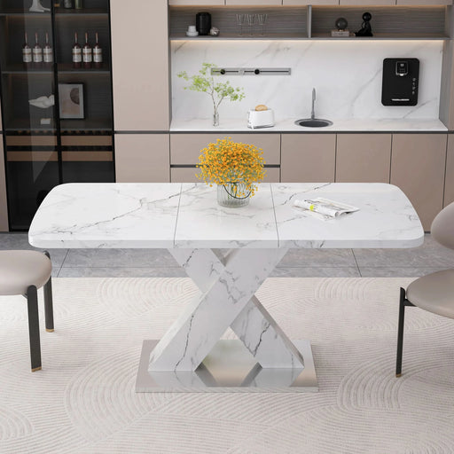 Modern Square Dining Table, Stretchable, with Printed White Marble Table Top+MDF X-Shape Table Leg with Metal Base (Same SKU:W757S00007) Default -DTYStore