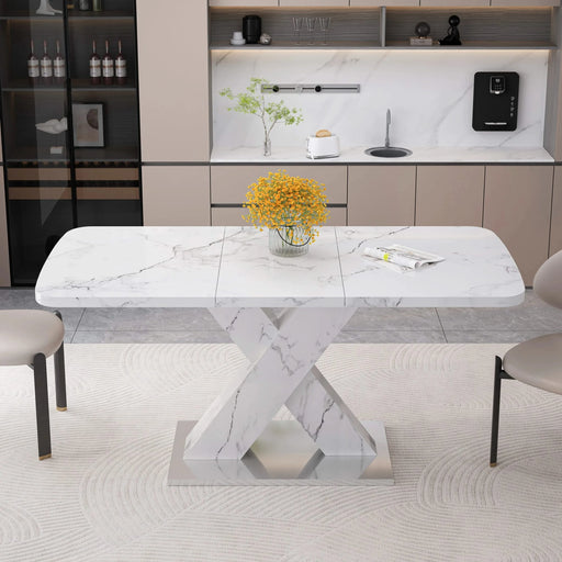 Modern Square Dining Table, Stretchable, with Printed White Marble Table Top+MDF X-Shape Table Leg with Metal Base (Same SKU:W757S00007) Default -DTYStore