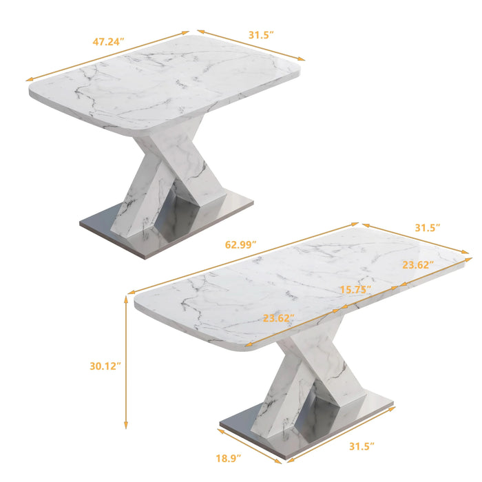Modern Square Dining Table, Stretchable, with Printed White Marble Table Top+MDF X-Shape Table Leg with Metal Base (Same SKU:W757S00007) Default -DTYStore