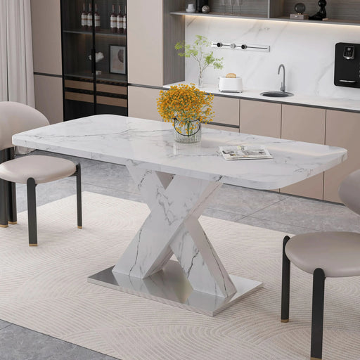 Modern Square Dining Table, Stretchable, with Printed White Marble Table Top+MDF X-Shape Table Leg with Metal Base (Same SKU:W757S00007) Default -DTYStore