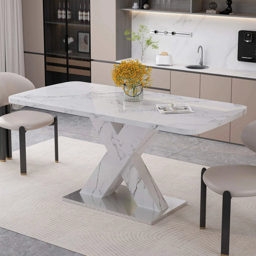 Modern Square Dining Table, Stretchable, with Printed White Marble Table Top+MDF X-Shape Table Leg with Metal Base (Same SKU:W757S00007) Default -DTYStore