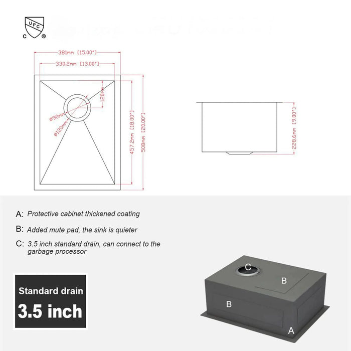 Modern Style 15 Inch Undermount Sink with 16 Gauge Stainless Steel, Brushed Nickel Finish, 9 Inch Deep Single Bowl- DTY Store