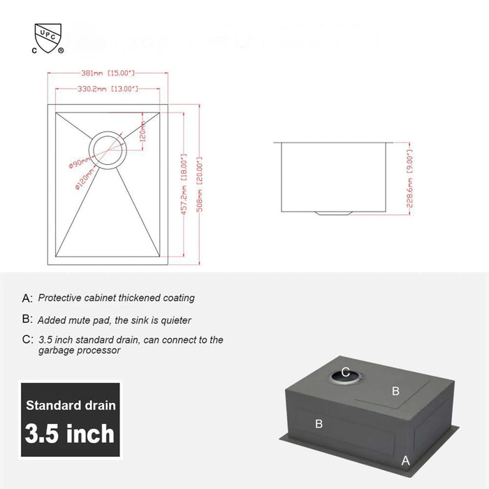 Modern Style 15 Inch Undermount Sink with 16 Gauge Stainless Steel, Brushed Nickel Finish, 9 Inch Deep Single Bowl Default -DTYStore